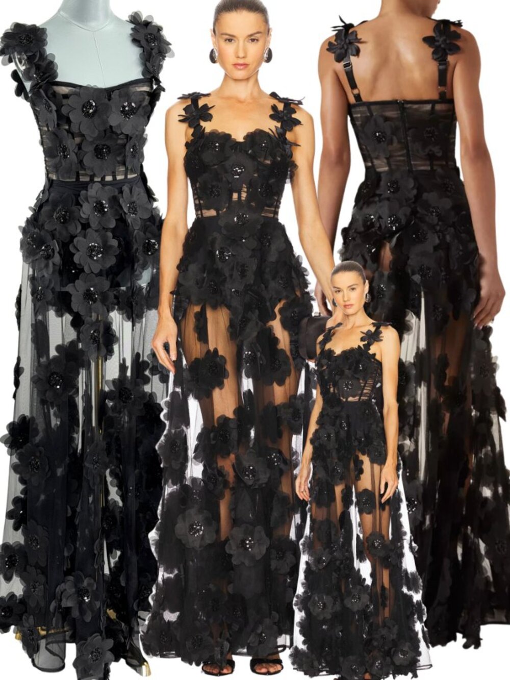 🆕 BRONX & BANCO 🧿 NWOT Rosalie Noir Floral-Appliqué Tulle Gown, Sz S US 4